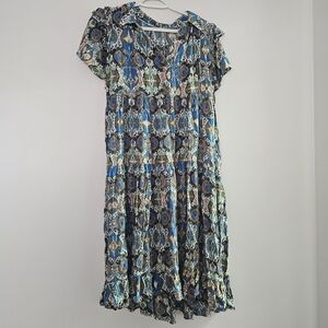 Umgee Blue and Cream Patterned Midi Dress Bohemian Y2K Business Casual Paisley